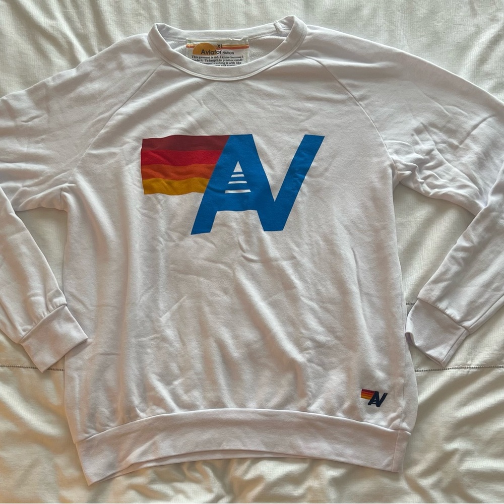 Aviator Nation White and Blue Crewneck Sweater